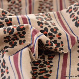 Tissu demi-natté canvas Léoli léopard rayé Beige et bordeaux