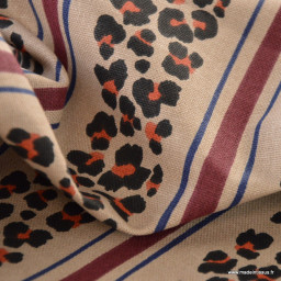 Tissu demi-natté canvas Léoli léopard rayé Beige et bordeaux