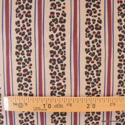 Tissu demi-natté canvas Léoli léopard rayé Beige et bordeaux
