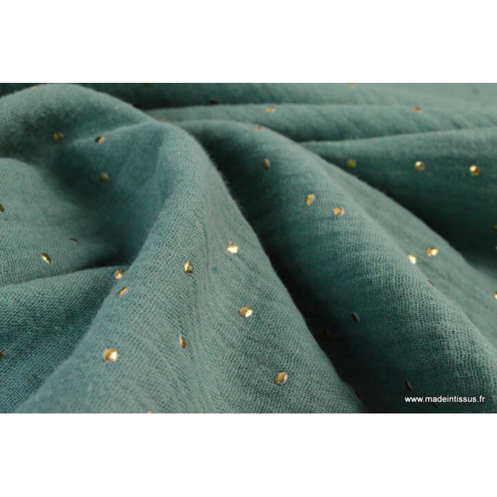 Tissu Double gaze coton Glitter à pois OR coloris CELADON.x1m