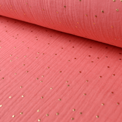 Tissu Double gaze coton Glitter à pois OR coloris corail