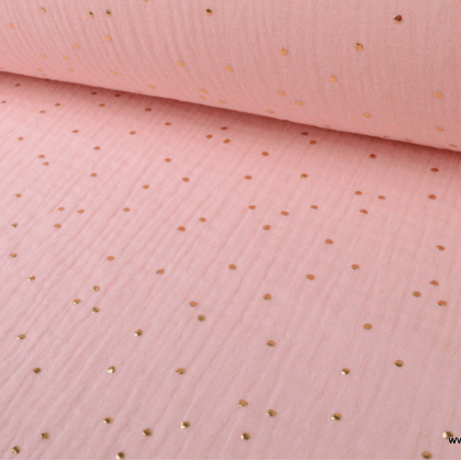 Tissu Double gaze coton Glitter à pois OR coloris ROSE BLUSH.x1m
