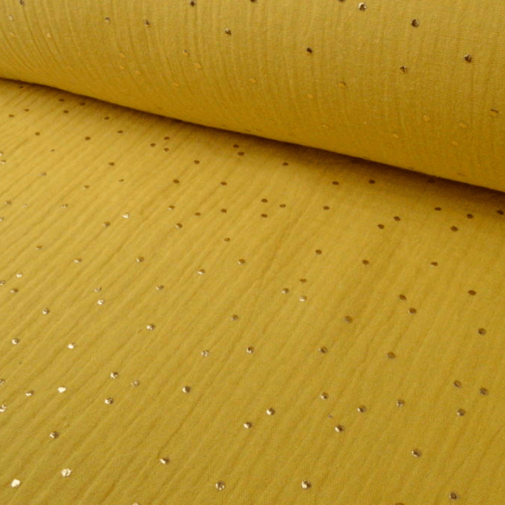 Tissu Double gaze coton Glitter à pois OR coloris MOUTARDE .x1m