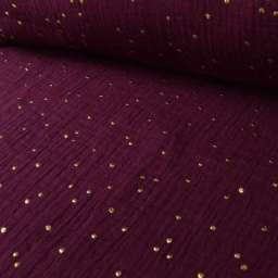 Tissu Double gaze coton Glitter à pois OR coloris PRUNE.x1m