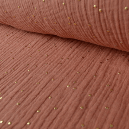 Tissu Double gaze coton Glitter à pois OR coloris Marsala