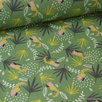 Tissu coton imprimé feuilles et perroquets jaunes et kaki