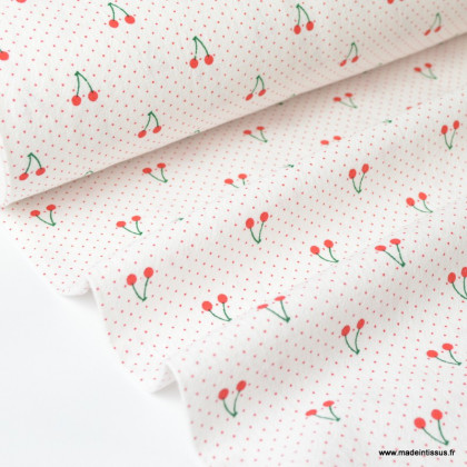 Tissu coton imprimé cerises et points rouges fond blanc