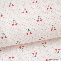 Tissu coton imprimé cerises et points rouges fond blanc