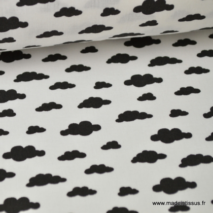Tissu coton oeko tex imprimé nuages noir sur fond blanc
