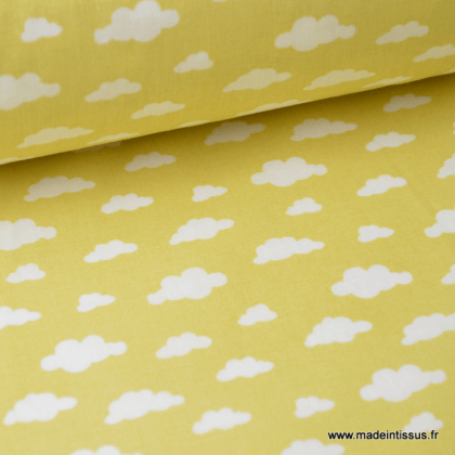 Tissu coton oeko tex imprimé nuages blancs sur fond CITRON x50cm