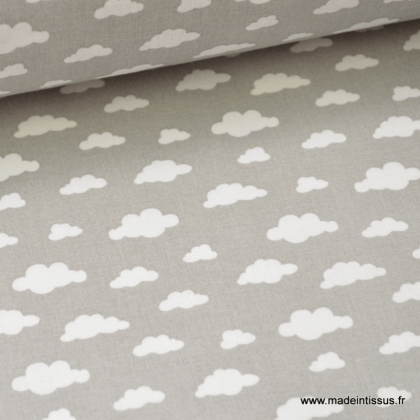 Tissu coton oeko tex imprimé nuages blancs sur fond gris x50cm