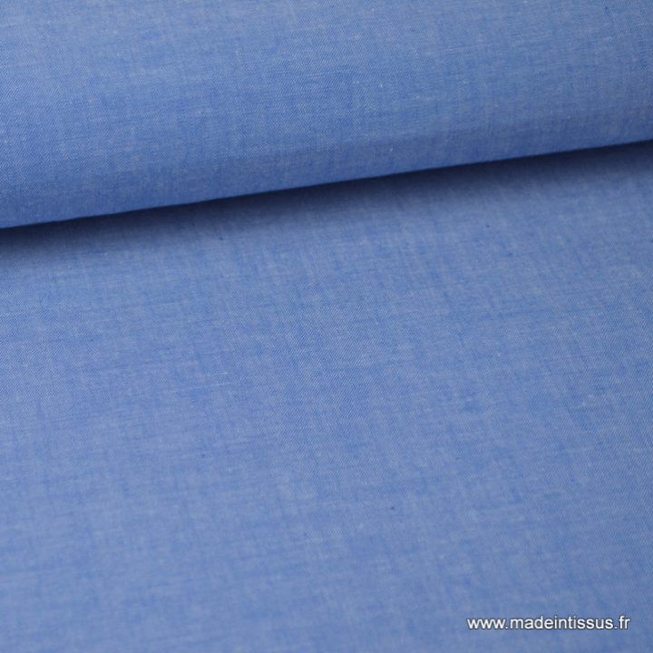 Tissu popeline coton uni tissé teint chambray coloris Bleu x1m