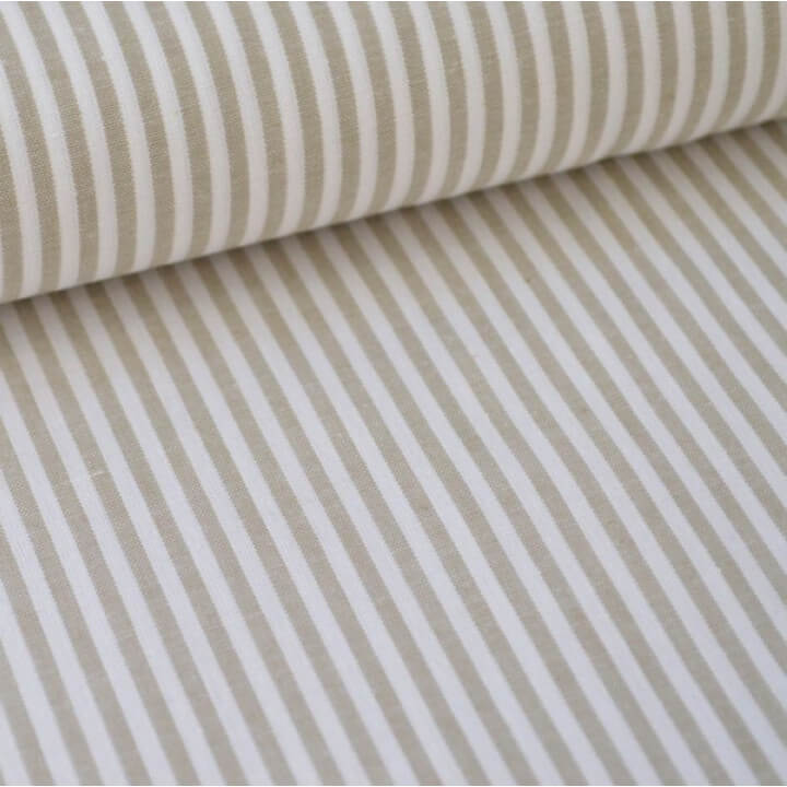 Tissu popeline coton rayures SABLE (beige) et blanches tissé teint X50 CM