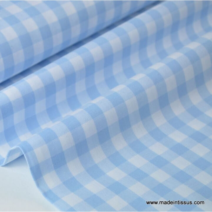 Tissu Popeline coton vichy grands carreaux coloris bleu ciel