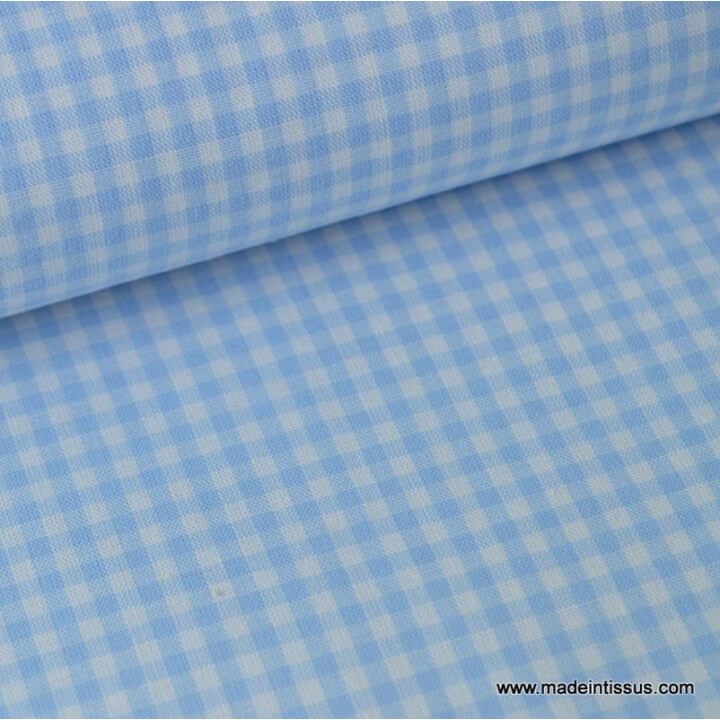 Tissu Popeline coton vichy petits carreaux coloris bleu ciel