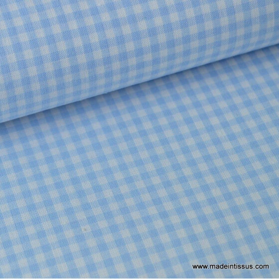 Tissu Vichy Bleu Clair Et Blanc - Coton, Largeur 1.40m, Vendu Au Mètre, Neuf