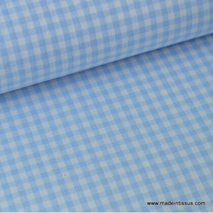Tissu Popeline coton vichy petits carreaux coloris bleu ciel