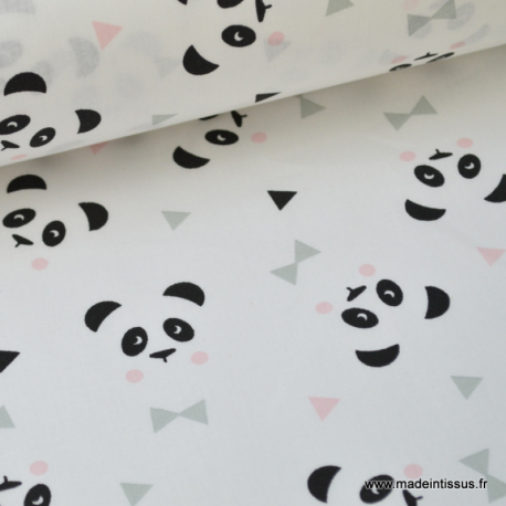 Tissu Coton Imprimé Panda Rose Sur Fond Blanc Pour Enfant Au Mètre