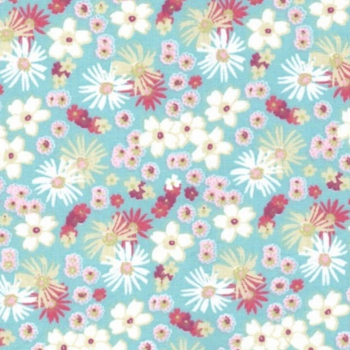 tissu coton imprimé fleurs et fleurettes menthe et rose x50cm