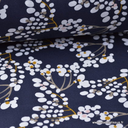 Tissu coton imprimé Cerisiers Japonais Bleu nuit, moutarde, blanc et rose Oeko tex