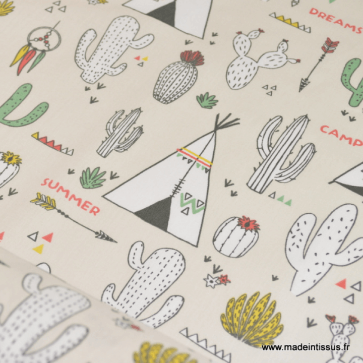Tissu coton oeko tex motifs Tipis et Cactus
