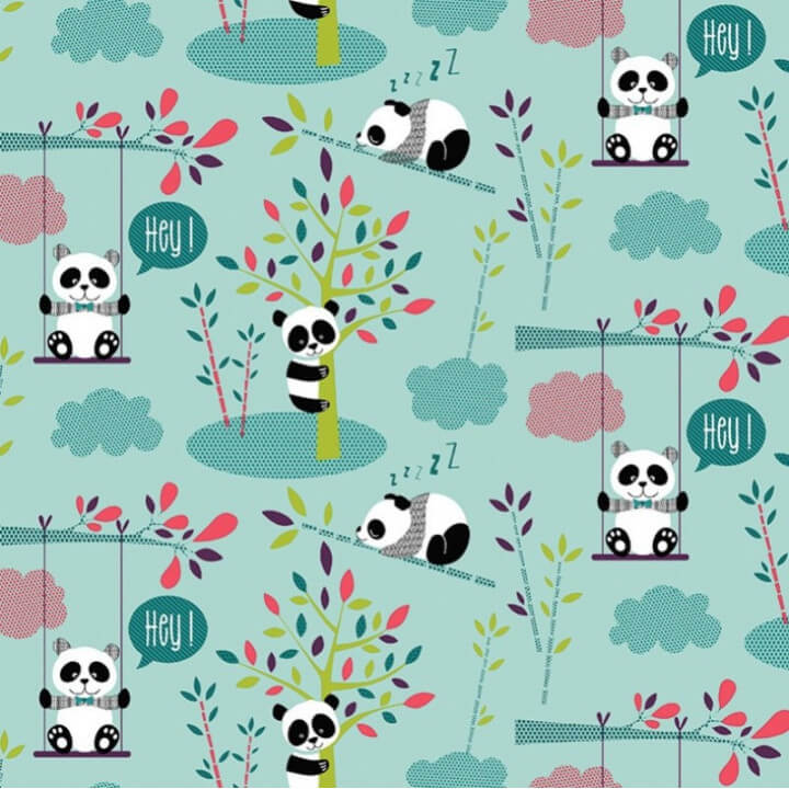 Tissu coton Oeko tex imprimé Pandas fond Turquoise