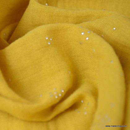 Tissu Double gaze coton Glitter pluie d'éclats Argentés coloris Moutarde. x1m
