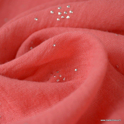 Tissu Double gaze coton Glitter pluie d'éclats Argentés coloris Corail. x1m