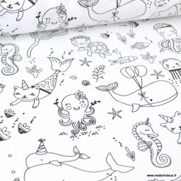 Tissu coton à colorier Beluga motifs animaux de la mer