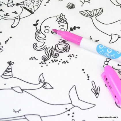 Tissu coton à colorier Beluga motifs animaux de la mer