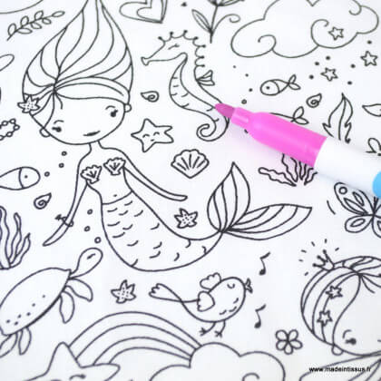 Tissu coton à colorier motifs Princesses et Sirènes
