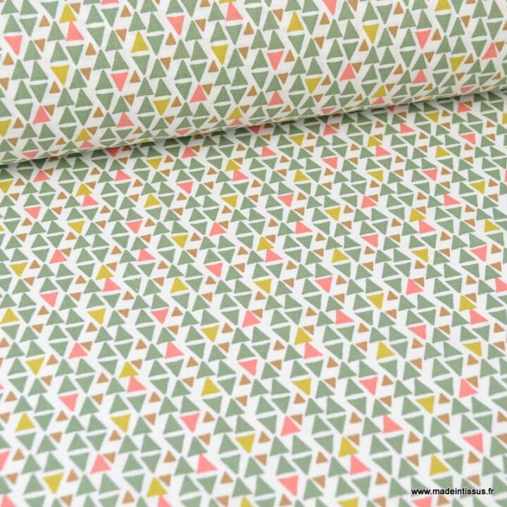 Tissu coton imprimé triangles moutarde et verts - Oeko tex
