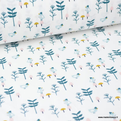 Tissu coton imprimé oiseaux et branches Paon et rose fond Blanc - Oeko tex