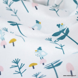 Tissu coton imprimé oiseaux et branches Paon et rose fond Blanc - Oeko tex