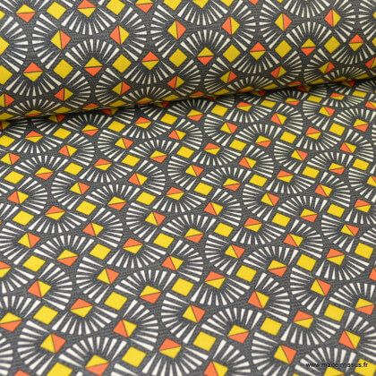 Tissu coton Oeko tex imprimé graphique Wax Rouge, jaune et anthracite .x1m