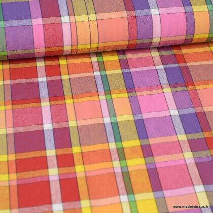 Tissu MADRAS coton Jaune, violet et rose