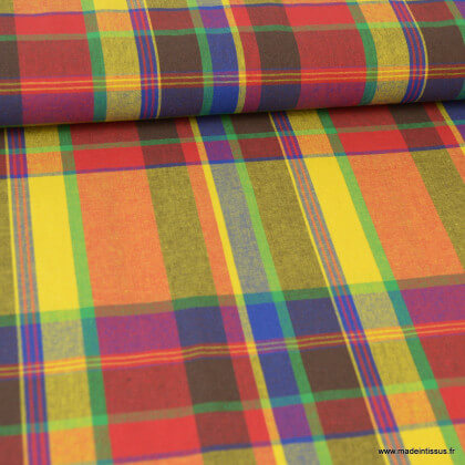 Tissu MADRAS coton jaune, orange et Bleu