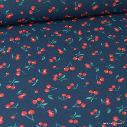 Tissu coton motifs Cerises fond marine - Oeko tex