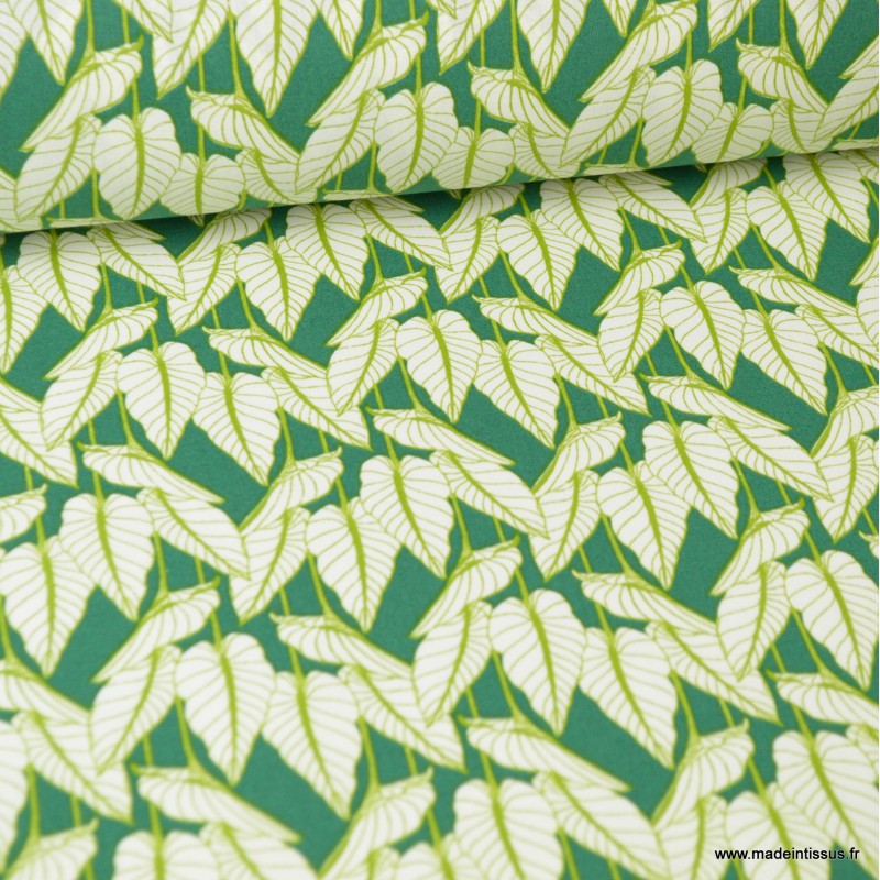  Tissu  coton imprim  feuilles Horta fond  vert  Oeko tex