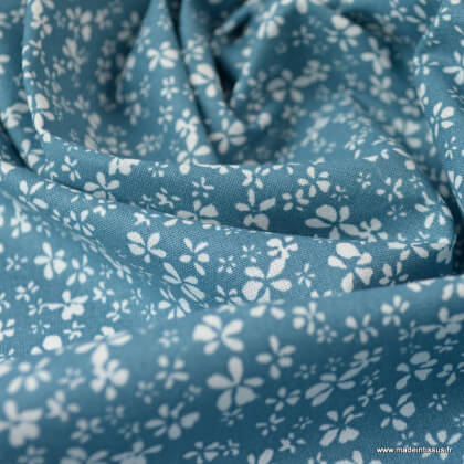 Tissu coton motif Fleurs Difatti Prusse et Blanc - Oeko tex