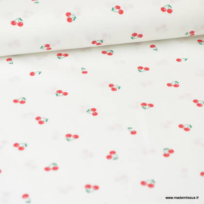 Tissu Popeline motifs Cerises fond Blanc - Oeko tex