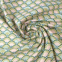 Tissu coton imprimé éventails écailles Bronze, rose et Paon - Oeko tex