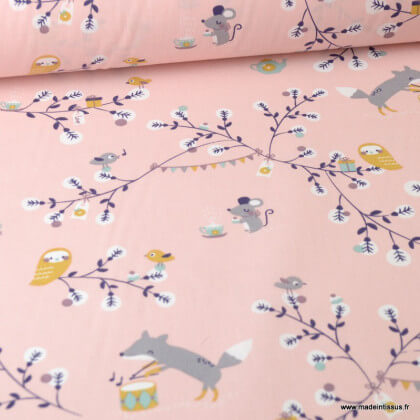 Tissu coton motif Watree souris et oiseaux fond rose - Oeko tex