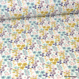 Tissu coton imprimé petites fleurs ocre, céladon et violine -  Oeko tex - Motif Milly