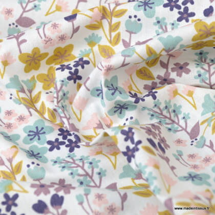 Tissu coton imprimé petites fleurs ocre, céladon et violine -  Oeko tex - Motif Milly