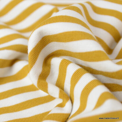Tissu jersey à rayures Moutarde et blanc - Oeko tex