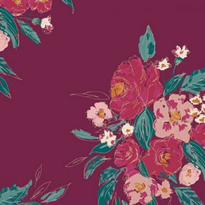 Tissu Popeline coton imprimé fleurs fond Framboise de BONNIE CHRISTINE pour Art Gallery Fabrics