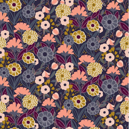 Tissu coton motifs fleurs Emilia ocre et rose fond marine - Cotton and Steel