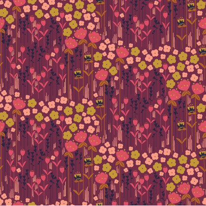 Tissu coton motifs fleurs Emilia ocre et rose fond terracotta - Cotton and Steel