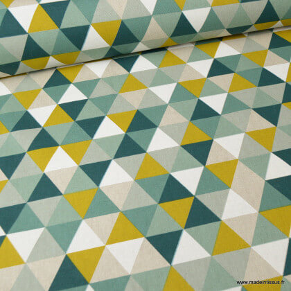 Tissu toile aspect lin motifs géométriques vert - Oeko tex